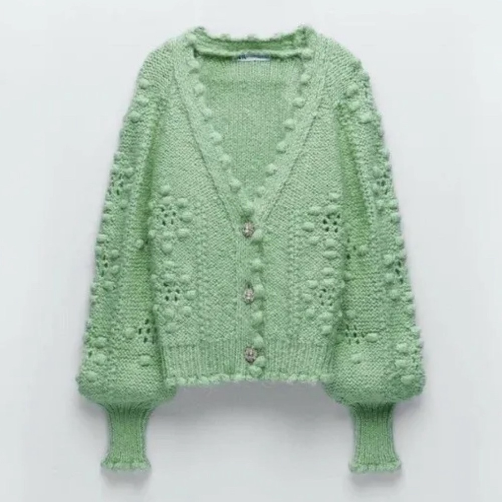 Zara knit chunky sweater jewel button cardigan green size small s